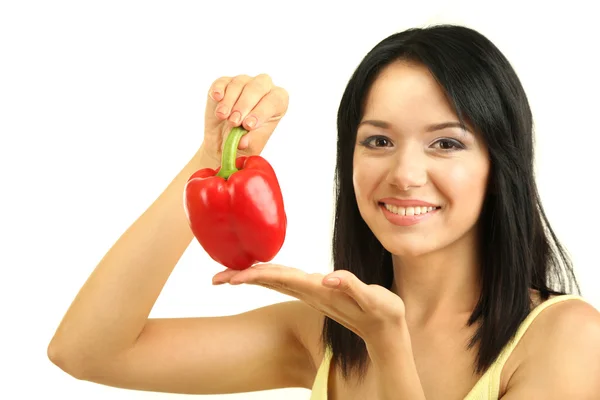 Menina com pimenta fresca isolada em branco — Fotografia de Stock