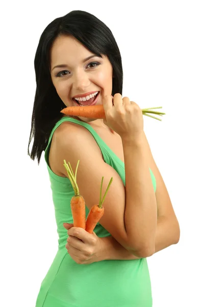 Menina com cenoura fresca isolada no branco — Fotografia de Stock