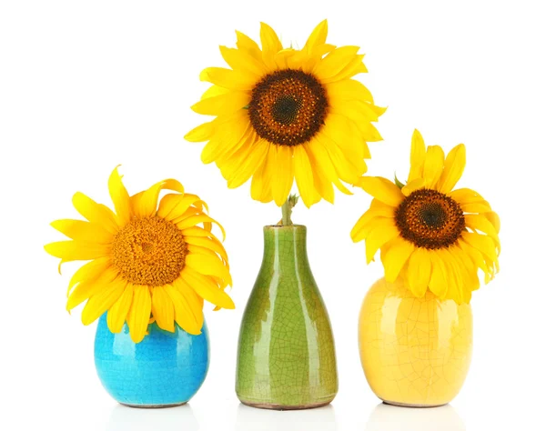 Bright sunflowers in vase isolated on white — Stock Photo, Image