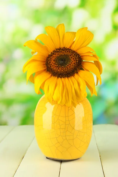 Bright sunflower in vase on wooden table on natural background — Stock Photo, Image