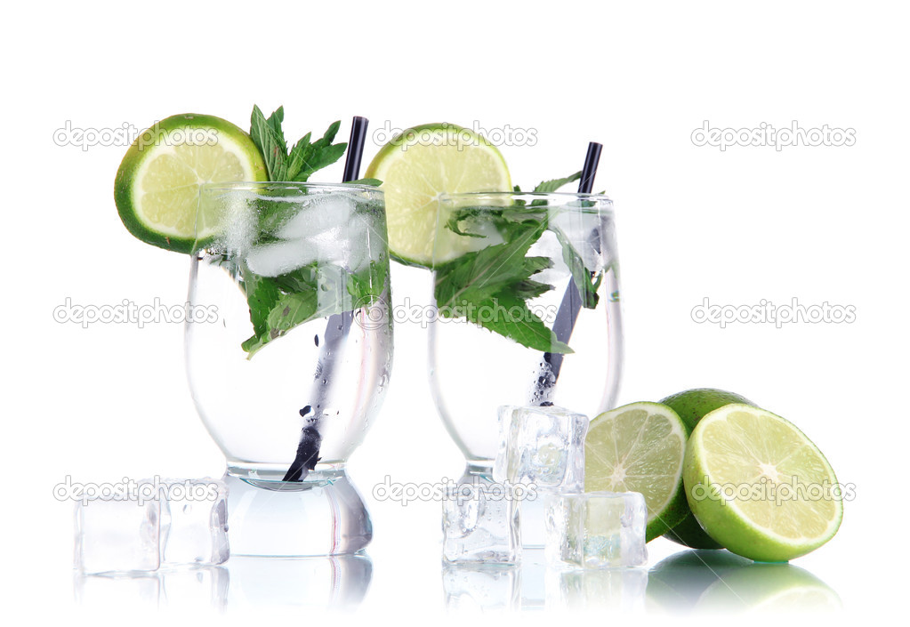 Glasses of cocktail with ice isolated on white