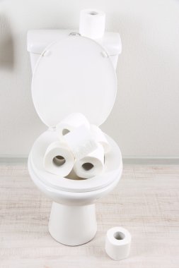 Banyoda tuvalet kağıdı olan beyaz klozet.