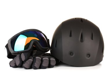 kış spor gözlük, kask ve üzerinde beyaz izole eldivenler