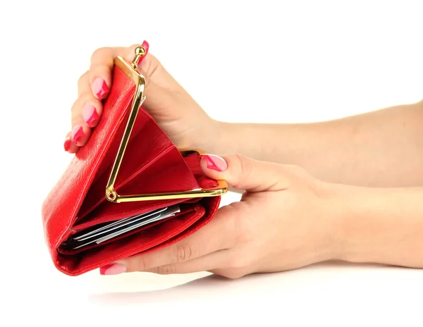 Kvinnlig hand innehav röd handväska, isolerad på vit — Stockfoto