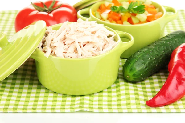 Shredded boiled chicken in green pan close up — Stock Photo, Image