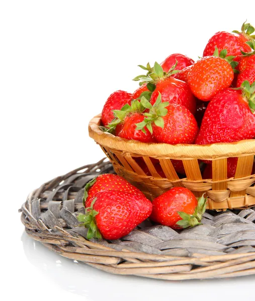 Fresh strawberry in wicker basket isolated on white — Stock Photo, Image