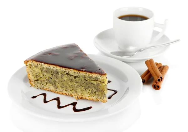Delicioso pastel de semillas de amapola con taza de café aislado en blanco —  Fotos de Stock