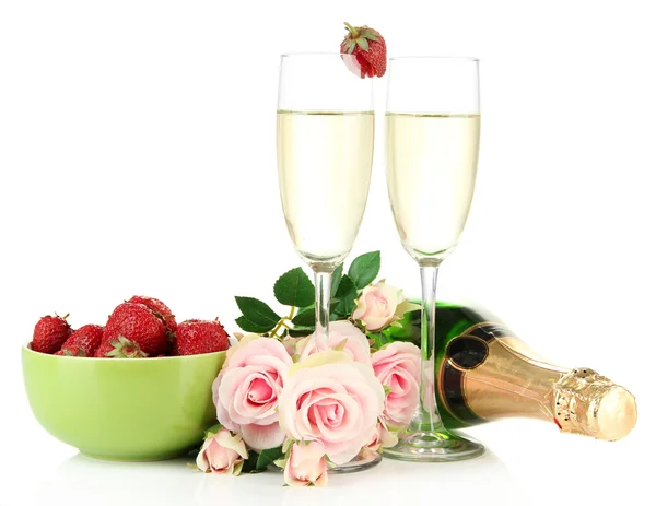 Romantic still life with champagne, strawberry and pink roses, isolated on white — Stock Photo, Image