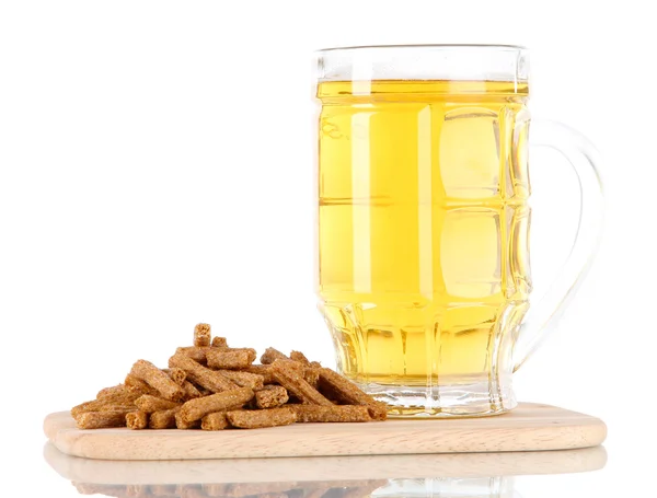 Beer in glass and croutons on on board isolated on white — Stock Photo, Image