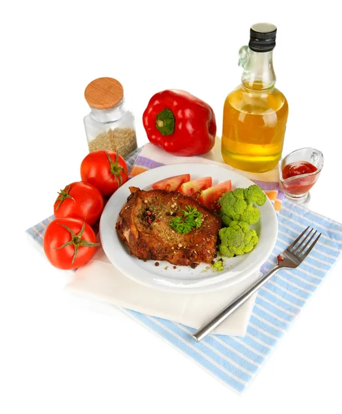 Piece of fried meat on plate isolated on white — Stock Photo, Image