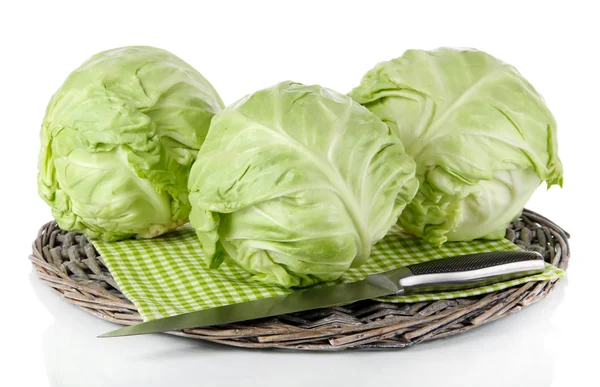 Cabbage on napkin on wicker tray isolated on white — Stock Photo, Image