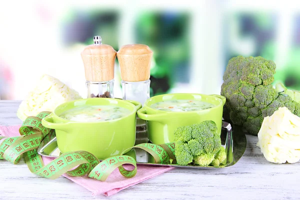 Cabbage soup in plates on metal tray on napkin on wooden table on window background — Stock Photo, Image