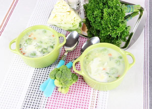 Sopa de col en platos sobre mantel — Foto de Stock