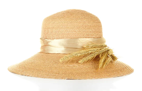 Beautiful summer hat with spikelets isolated on white — Stock Photo, Image