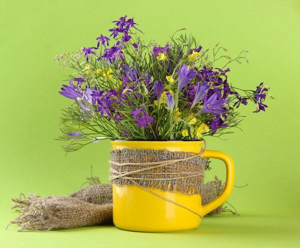 Beautiful bouquet of wildflowers in cup on green background — Stock Photo, Image