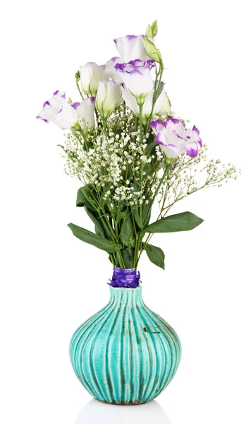 Bouquet of eustoma flowers in vase, isolated on white — Stock Photo, Image