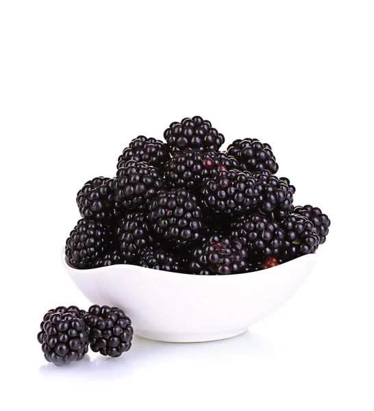 Sweet blackberry in bowl isolated on white — Stock Photo, Image