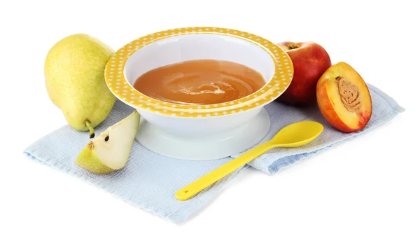 Savoureux bébé purée de fruits isolé sur blanc — Photo