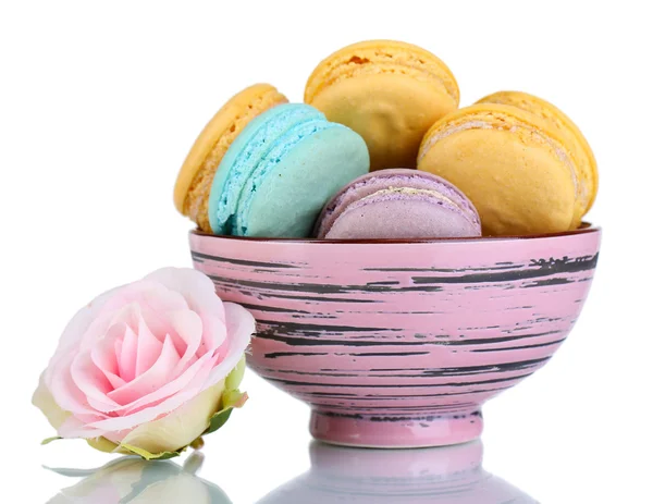 Macaroons in bowl isolated on white — Stock Photo, Image