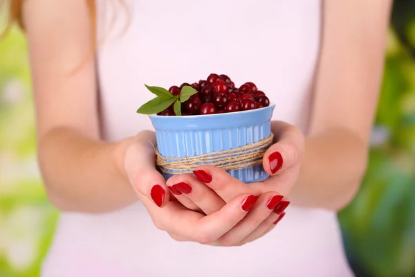 Mulher mãos segurando tigela de cranberries vermelhos maduros, perto u — Fotografia de Stock