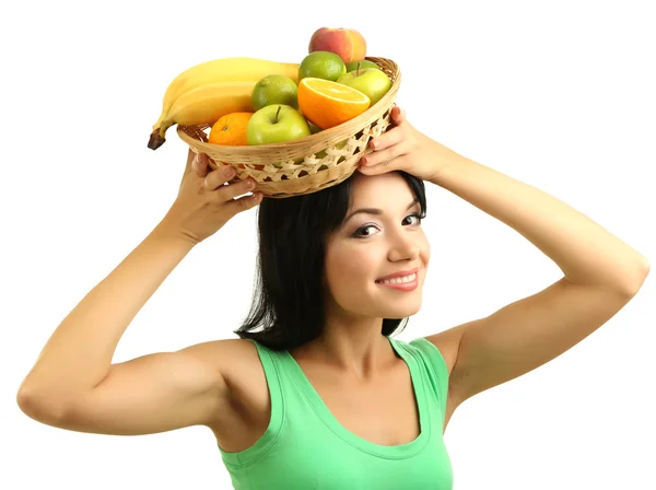 Menina com frutas frescas isoladas no branco — Fotografia de Stock