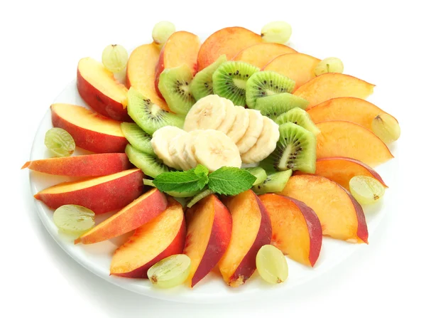 Assortment of sliced fruits on plate, isolated on white — Stock Photo, Image