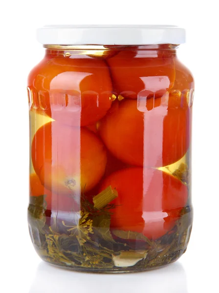 Leckere Tomaten aus der Dose im Glas, isoliert auf weiß — Stockfoto