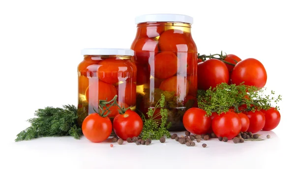 Tasty canned and fresh tomatoes, isolated on white — Stock Photo, Image