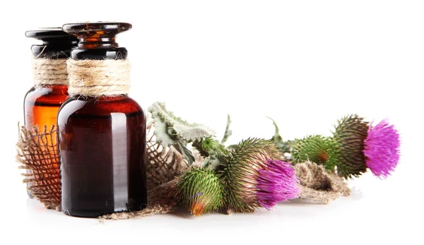 Medicine bottles with thistle flowers, isolated on white — Stock Photo, Image