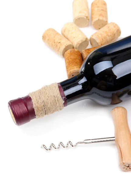 Bottle of wine and corks, isolated on white — Stock Photo, Image