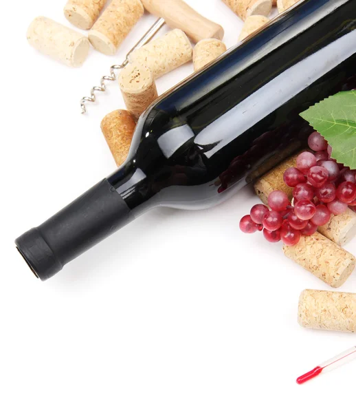 Bottiglia di vino, uva e sughero, isolata su bianco — Foto Stock