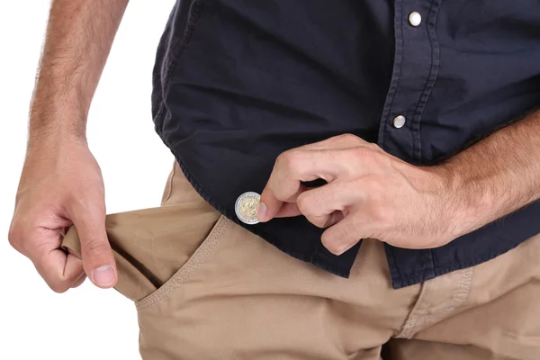 Homem mostrando seu bolso vazio, isolado em branco — Fotografia de Stock