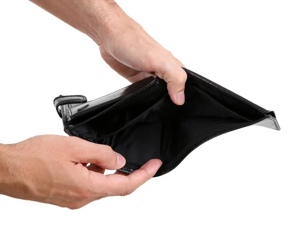 Man showing his empty purse, isolated on white — Stock Photo, Image