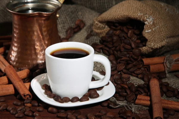 Metal turk and coffee cup closeup — Stock Photo, Image