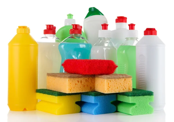 Different kinds of kitchen cleaners and colorful sponges, isolated on white — Stock Photo, Image