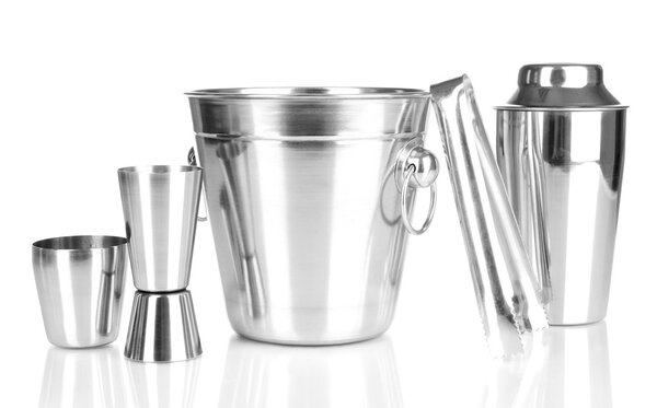 Cocktail shaker and metal ice bucket isolated on whit