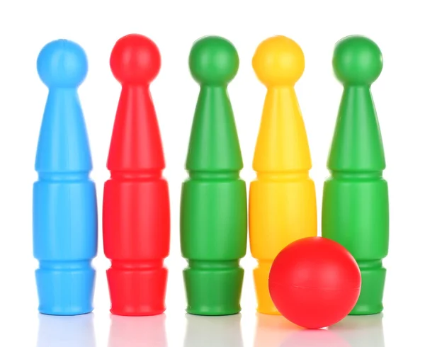 Colorful plastic skittles of toy bowling isolated on white — Stock Photo, Image