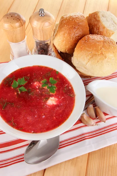 Delicious borsch on table close-up — Stock Photo, Image