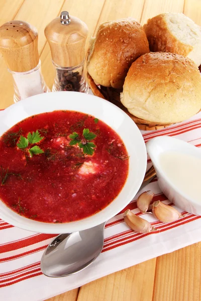 Delicious borsch on table close-up — Stock Photo, Image