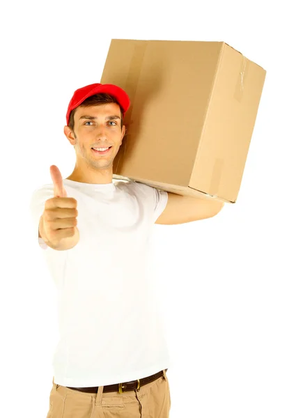 Jovem entregador segurando parcela, isolado em branco — Fotografia de Stock