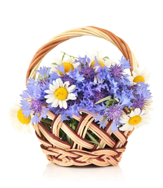 Beautiful bouquet of cornflowers and chamomiles in basket, isolated on white — Stock Photo, Image