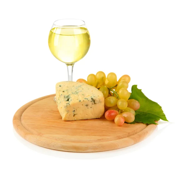 Glass of wine, tasty blue cheese and grape on cutting board, isolated on white — Stock Photo, Image