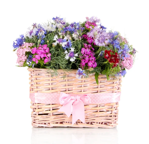 Beautiful bouquet in basket isolated on white — Stock Photo, Image