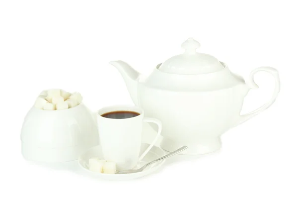 Cup of coffee,sugar-bowl and teapot isolated on white — Stock Photo, Image