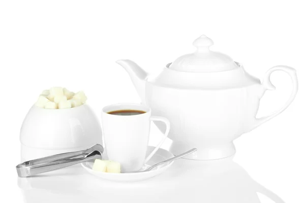 Cup of coffee,sugar-bowl and teapot isolated on white — Stock Photo, Image