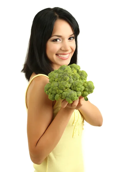 Ragazza con broccoli freschi isolati su bianco — Foto Stock