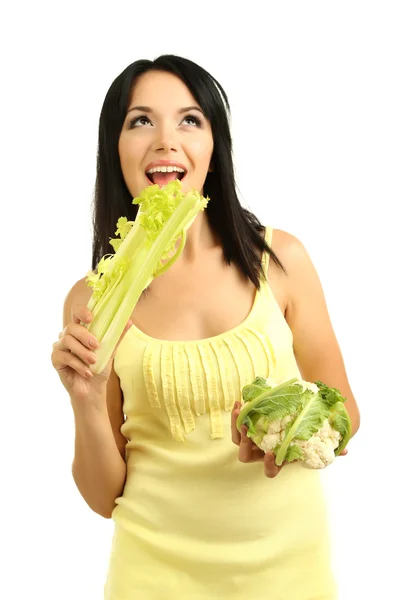 Girl with fresh celery and cauliflower isolated on white — Stock Photo, Image