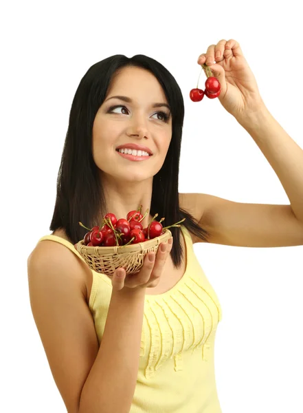 Chica con cerezas frescas aisladas en blanco — Foto de Stock