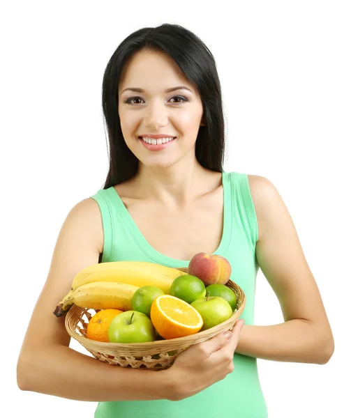 Menina com frutas frescas isoladas no branco — Fotografia de Stock