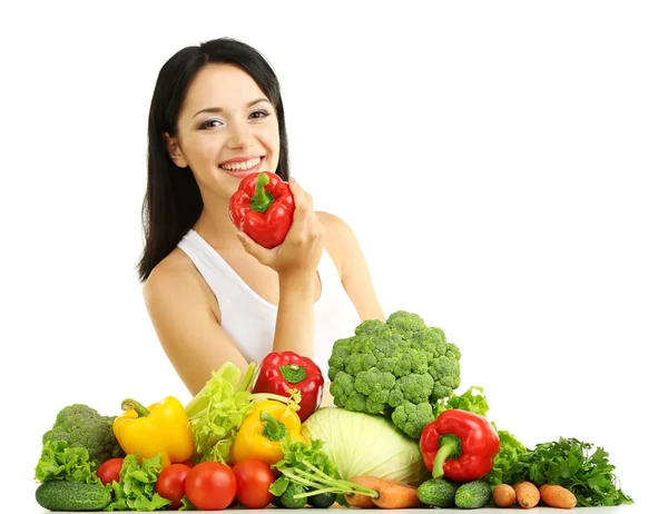 Flicka med grönsaker isolerad på vit — Stockfoto